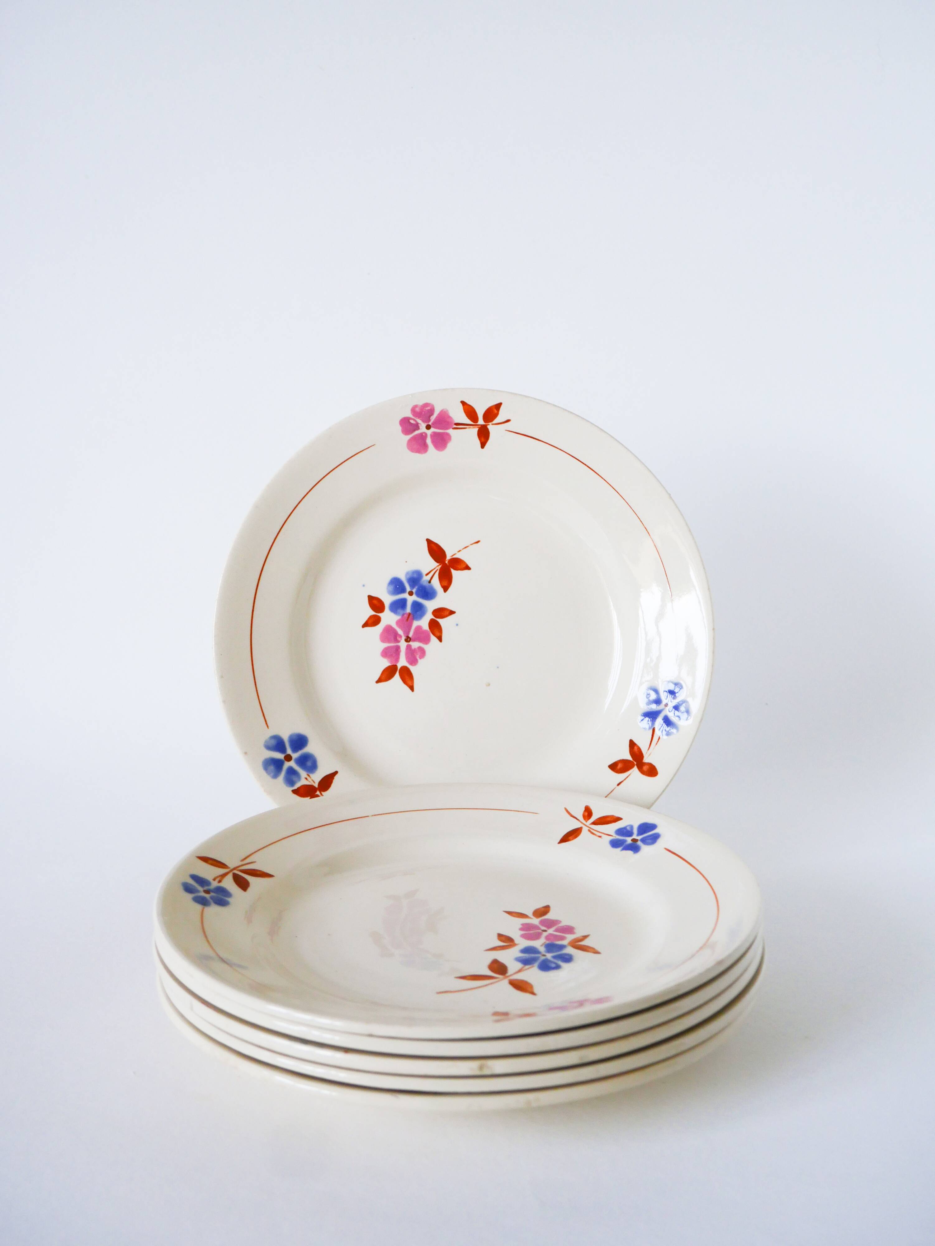 Lot de 6 assiettes à dessert, Moulin des Loups, Rose, Bleu & Marron, 1950
