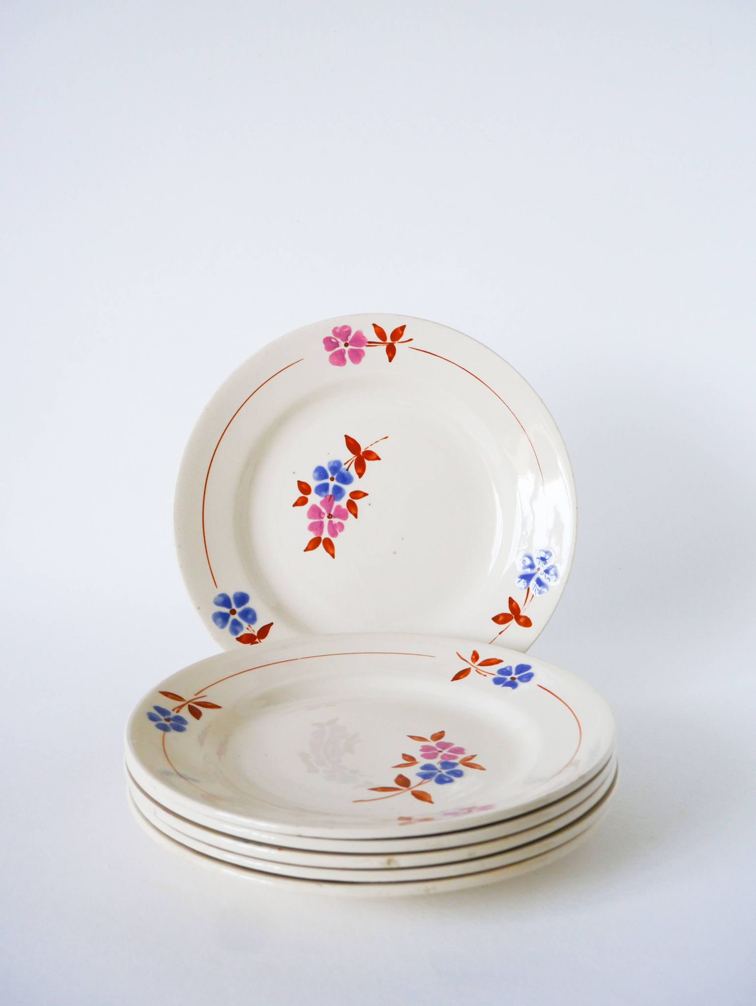 Set of 6 dessert plates, Moulin des Loups, Pink, Blue & Brown, 1950