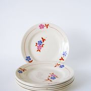 Set of 6 dessert plates, Moulin des Loups, Pink, Blue & Brown, 1950