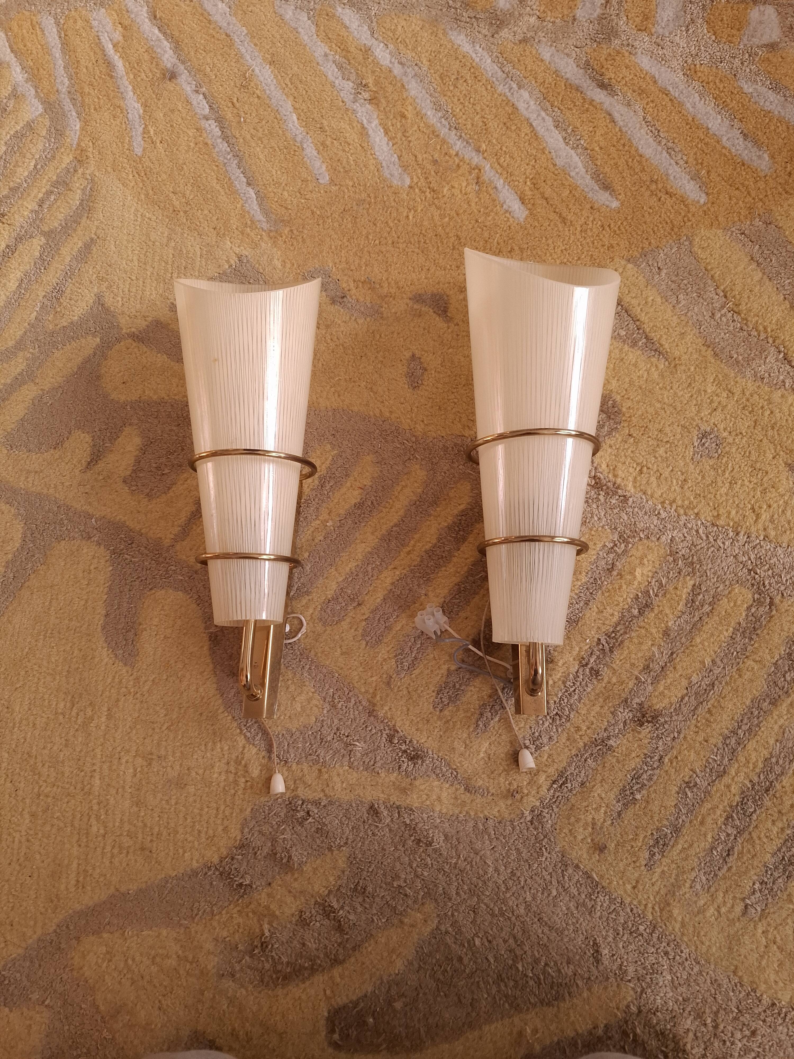 2 60's design wall lights in italian brass and glass