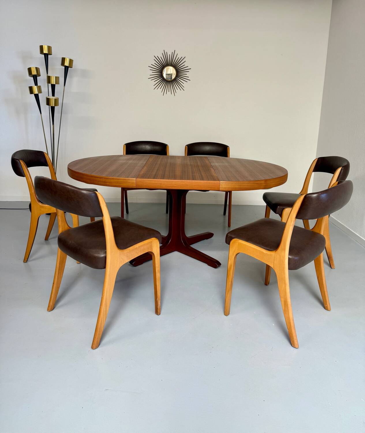 Set of 6 Baumann curved wood and imitation leather chairs, gondola model, 70s