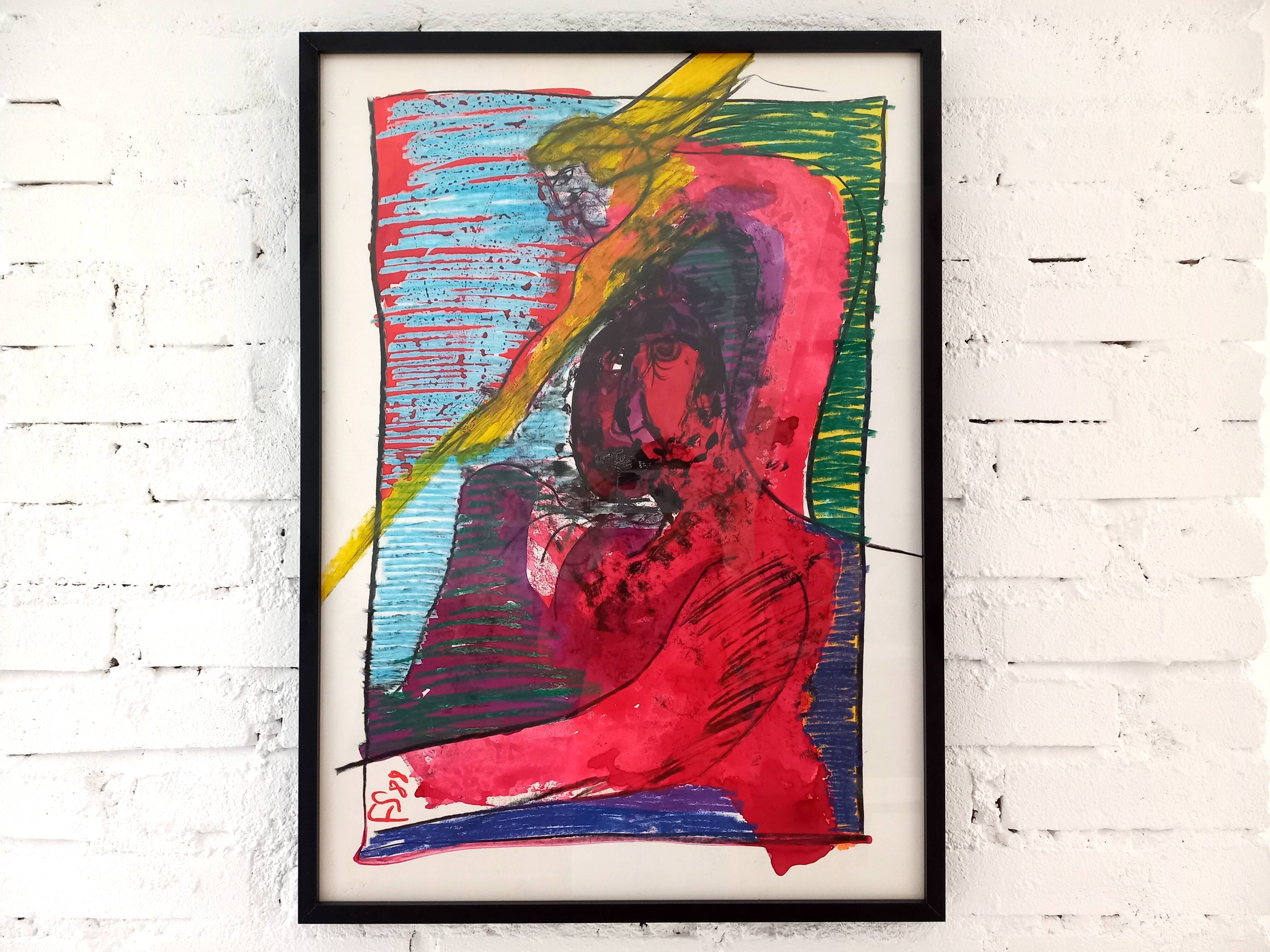 Vintage illustration by the Swiss artist Frédéric Schütz, signed FS 88, 1988, under frame