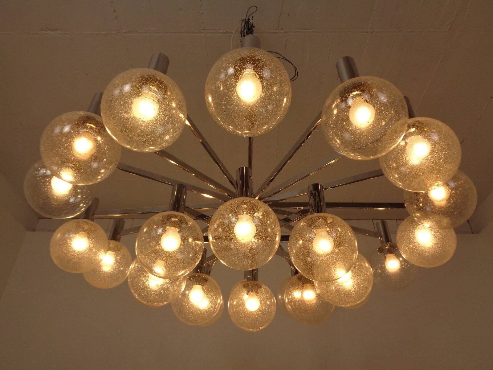 Large chromed spider Sputnik lamp with 24 hand-blown ice glass balls from Ott International, Germany, 1960s.