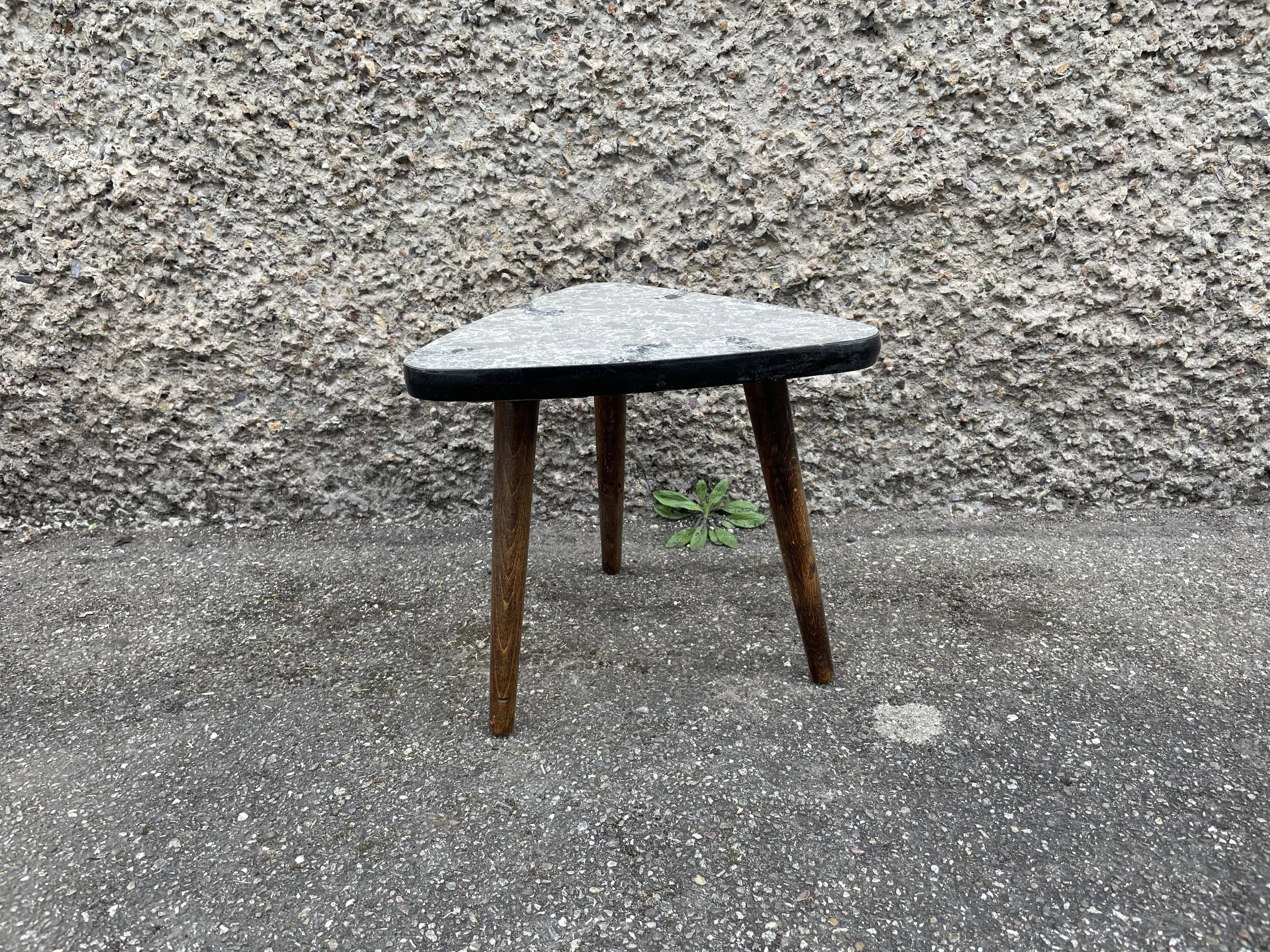 Small triangular table coffee table with a vintage tripod door midcentury plant 1950