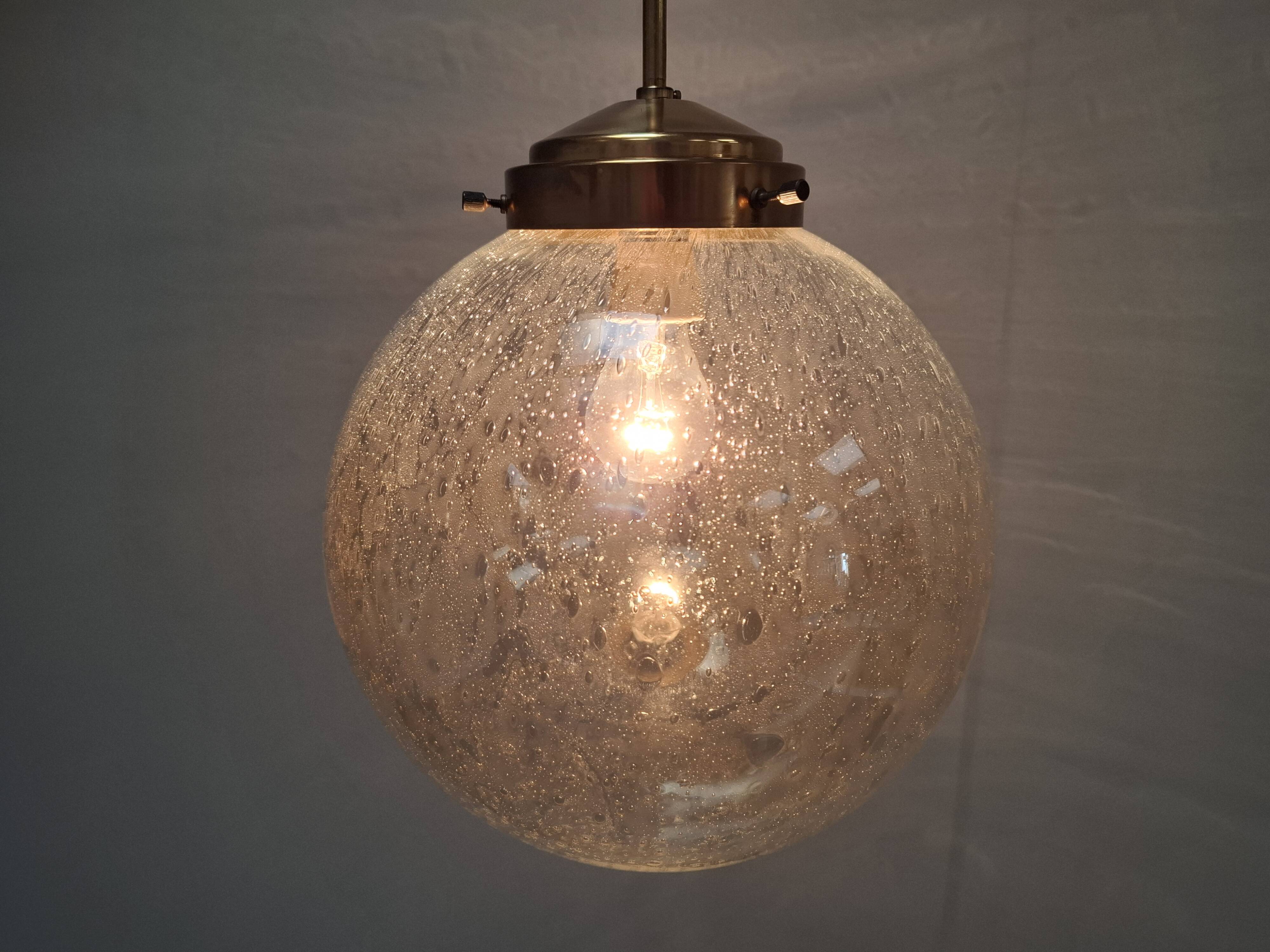 Midcentury Brass and Smoked Bubble Glass Pendant by Kamenický Šenov, 1960s