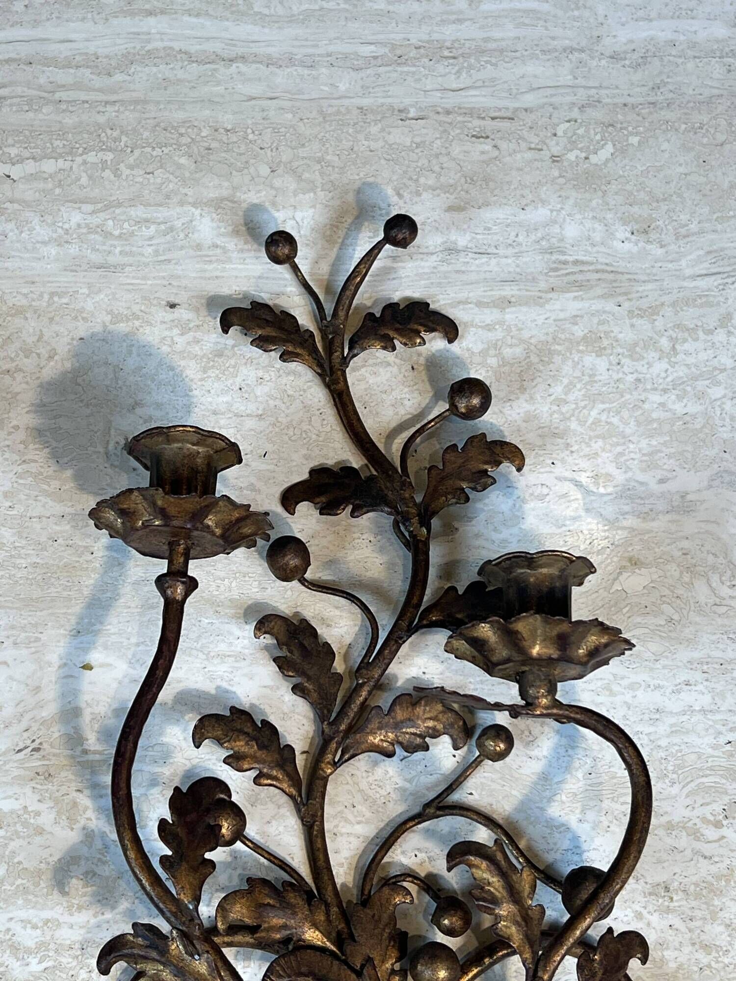 Pair of Two-Arm Wall Lights in Gold Metal with Leaf Decoration