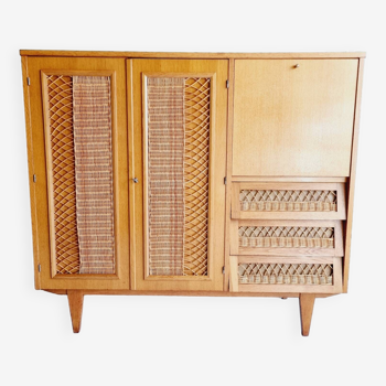 Armoire secrétaire enfant en chêne et rotin 1968