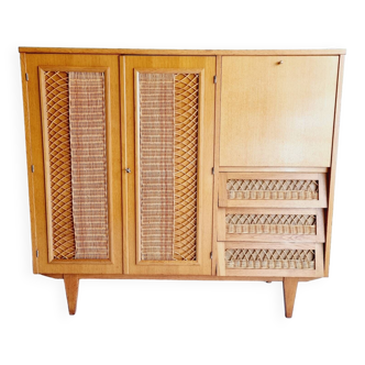 Armoire secrétaire enfant en chêne et rotin 1968