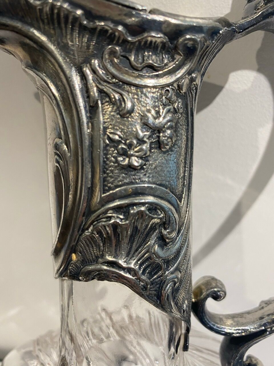 Glass and silver metal decanter around 1900