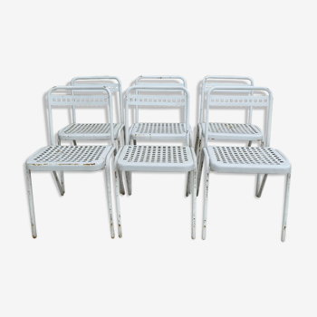 6 bistro chairs in white lacquered metal, Souvignet, 60s