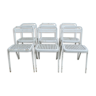 6 bistro chairs in white lacquered metal, Souvignet, 60s