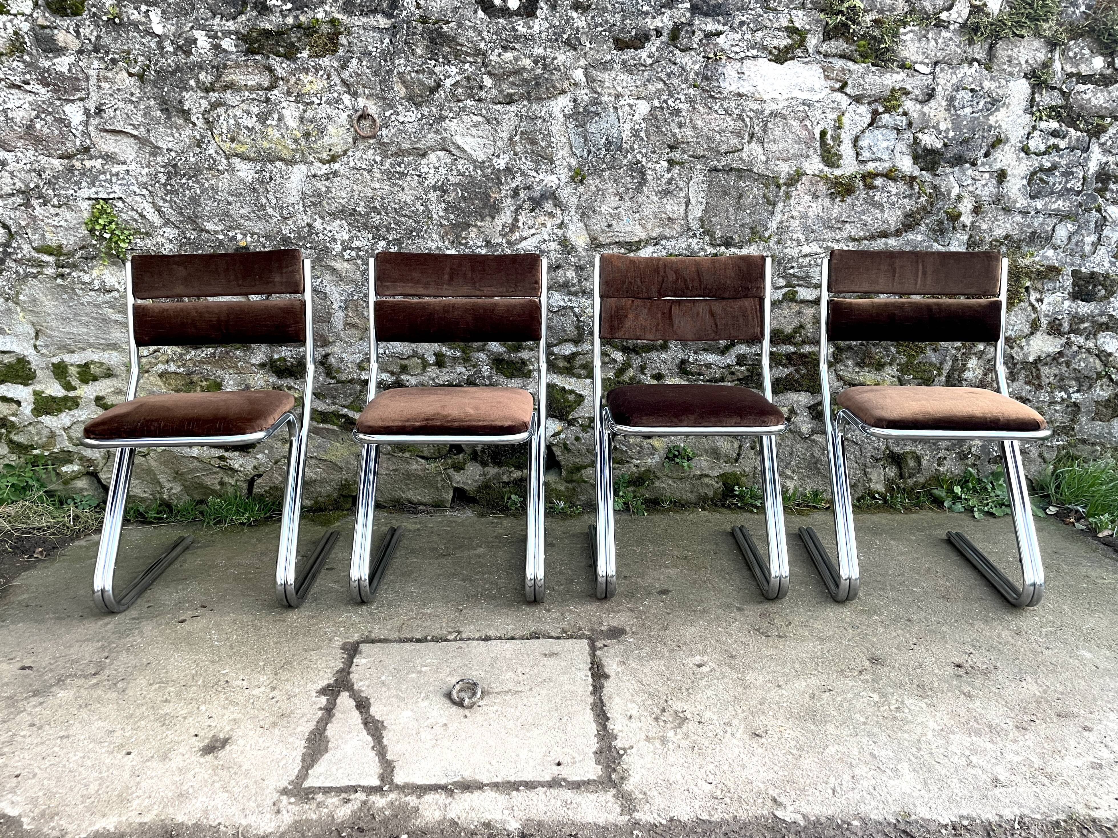 Set of 4 brown velvet zigzag chairs 1970