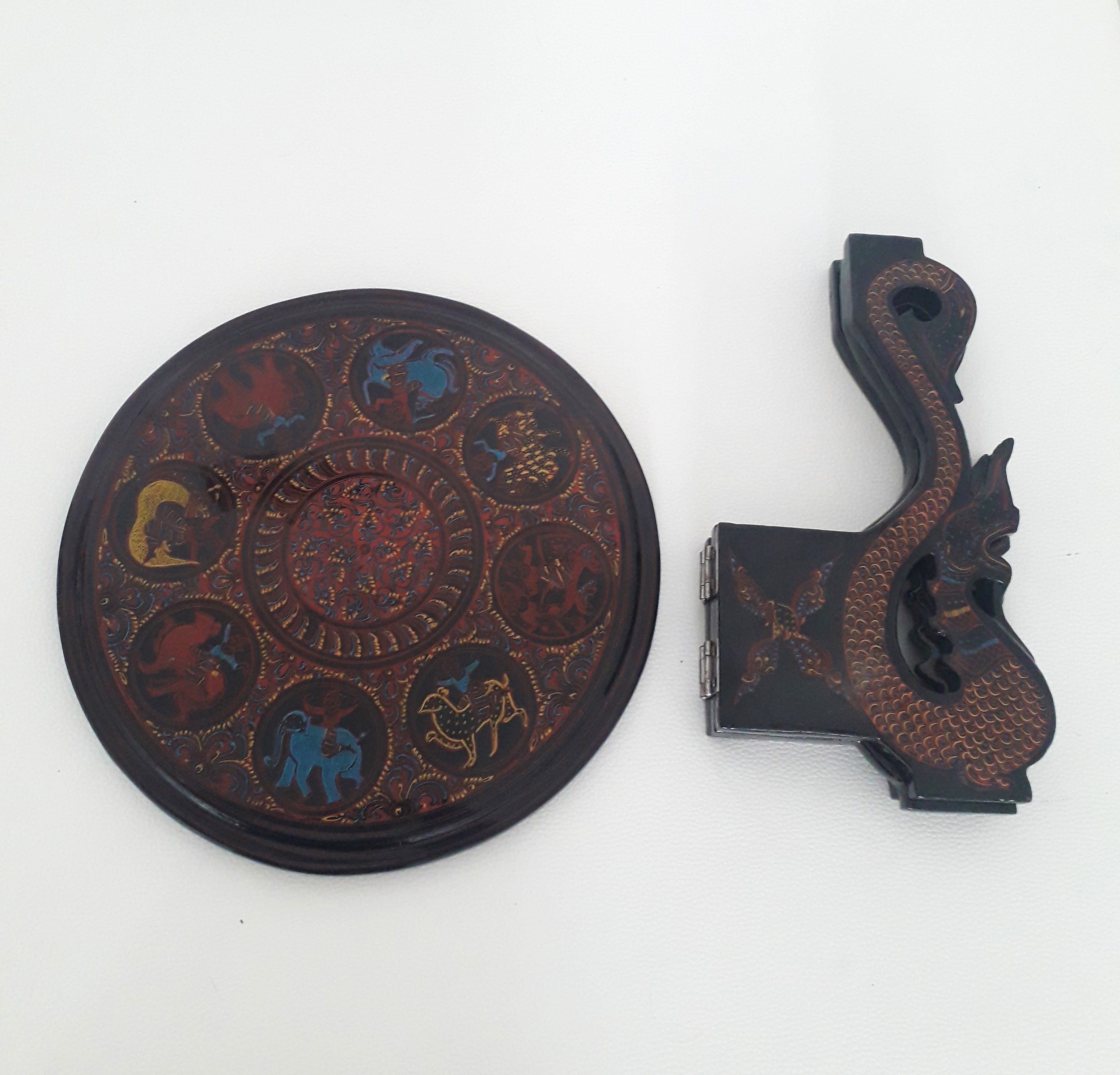 Pedestal table / asian tripod plant holder - black lacquered wood - 1970