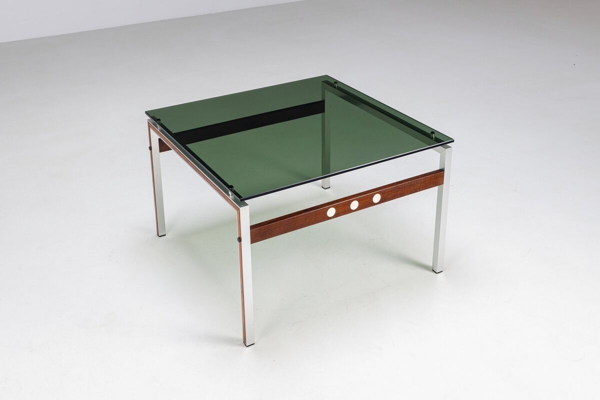 Scandinavian coffee table in metal, teak and smoked glass Denmark 1960