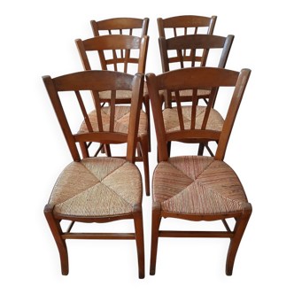 Grand Lot de 6 Chaises Bistrot LUTERMA Anciennes - Bois et Paille