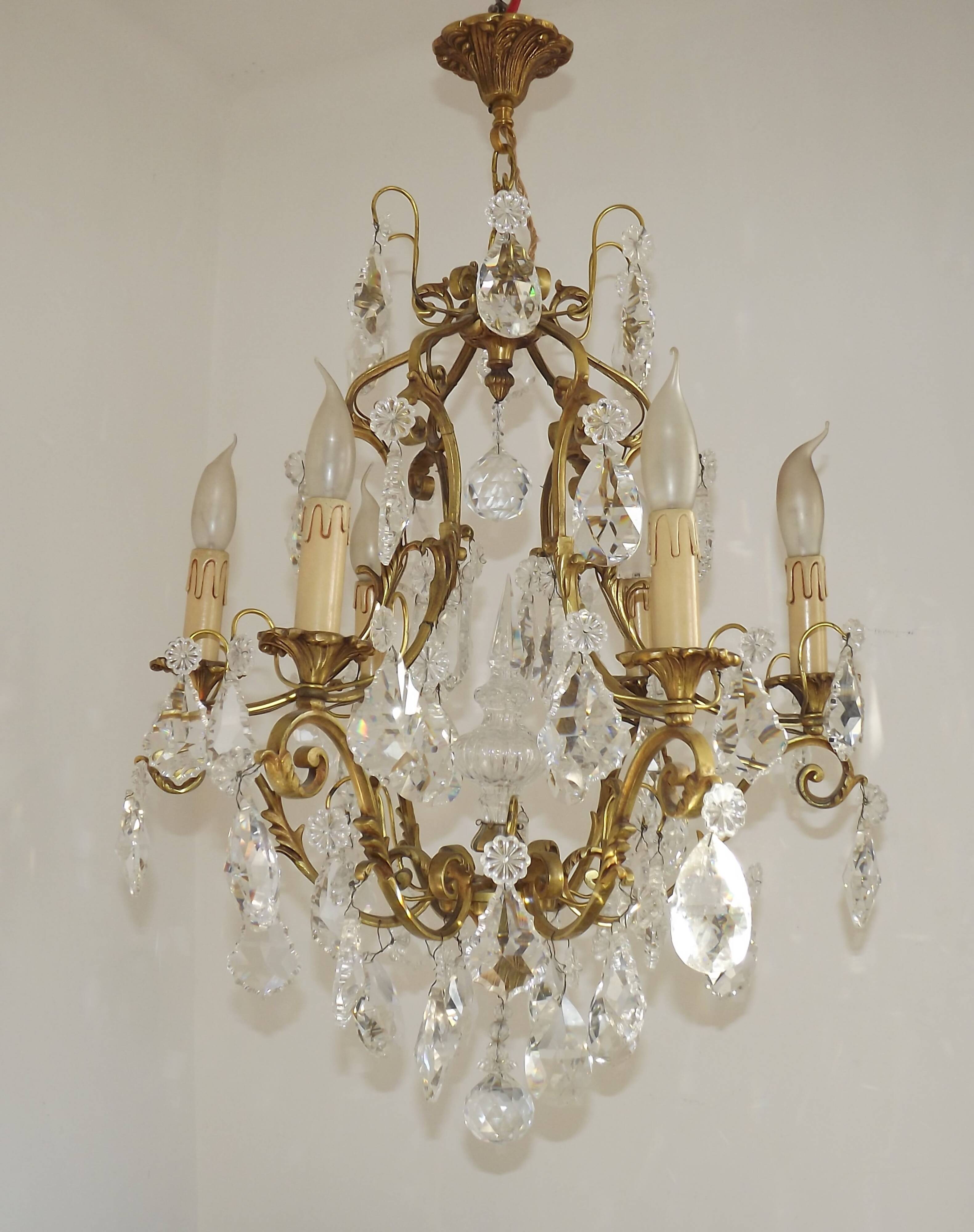 French Art Nouveau chandelier with 6 lights in bronze and crystal Acanthus 5552