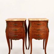 Pair of vintage French bedside tables, set of rosewood nightstands with marquetry.