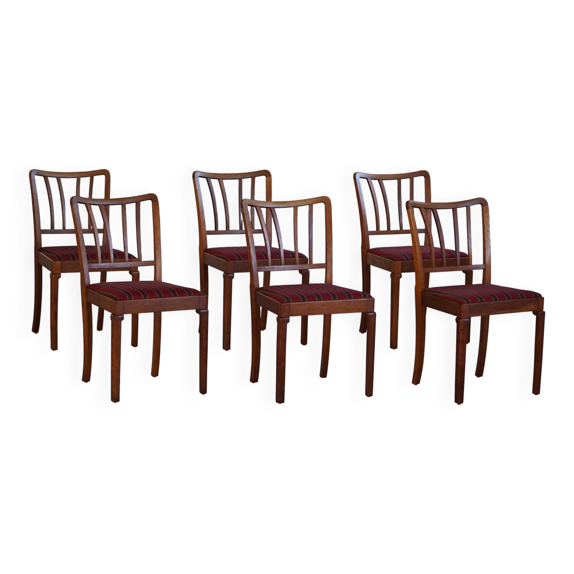 Set of 6 modern classic Danish dining chairs, oak with upholstered seats, 1950s.
