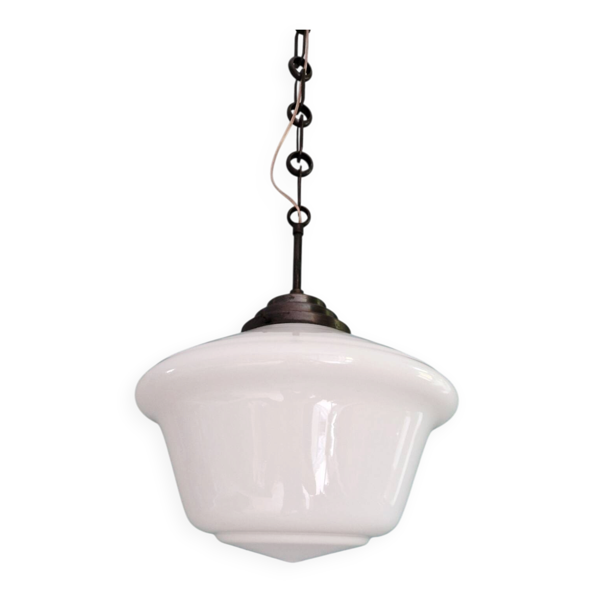 Large Art Deco pendant light in white opaline, 1930.