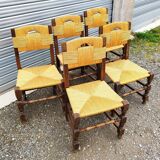 Cinq (5) chaises paillées design vintage