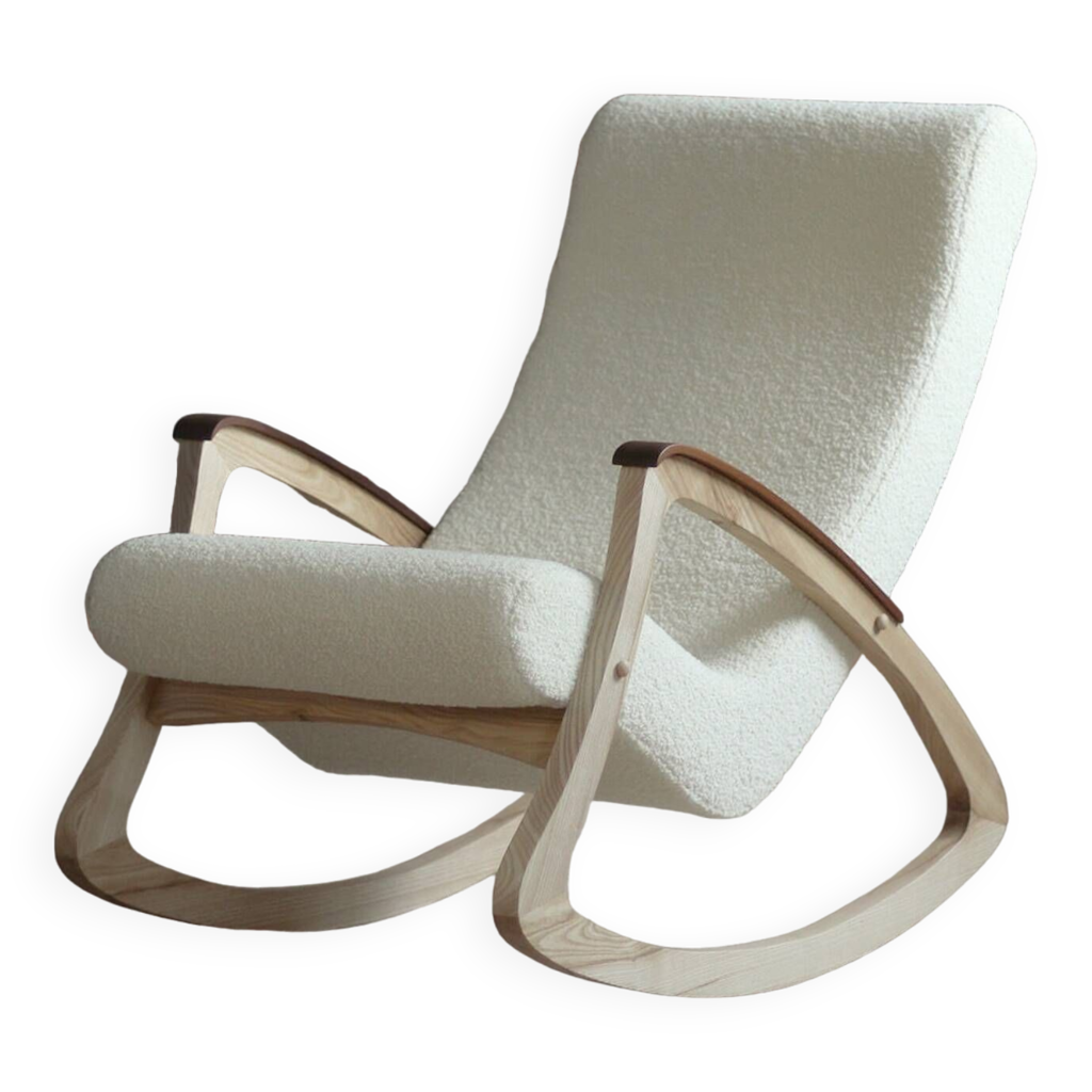 Mid Century Modern Vintage Rocking Chair Czechoslovakia 1950s Reupholstered in French Boucle Selency