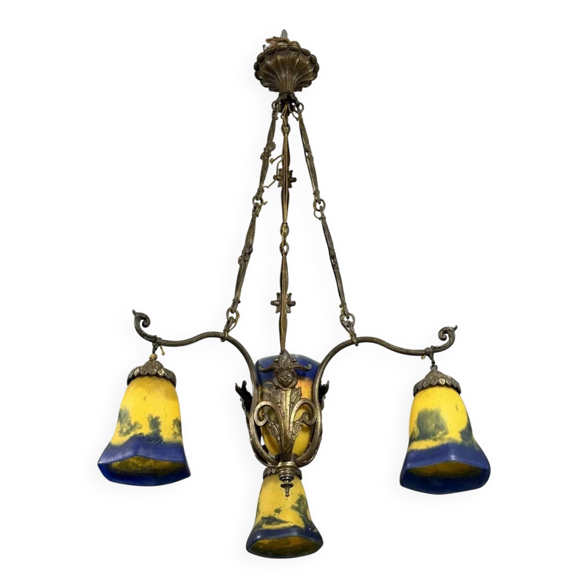 After Muller by Lafite: Art Nouveau bronze and glass paste chandelier
