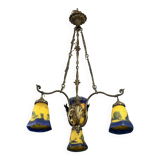 After Muller by Lafite: Art Nouveau bronze and glass paste chandelier