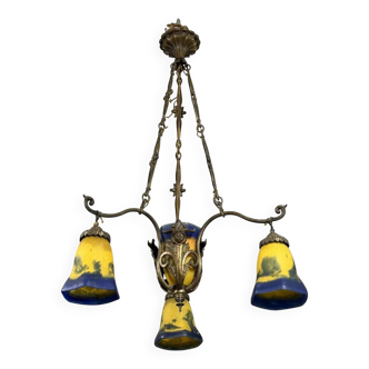 D'après Muller par Lafite: Lustre en bronze et pâte de verre ép Art Nouveau