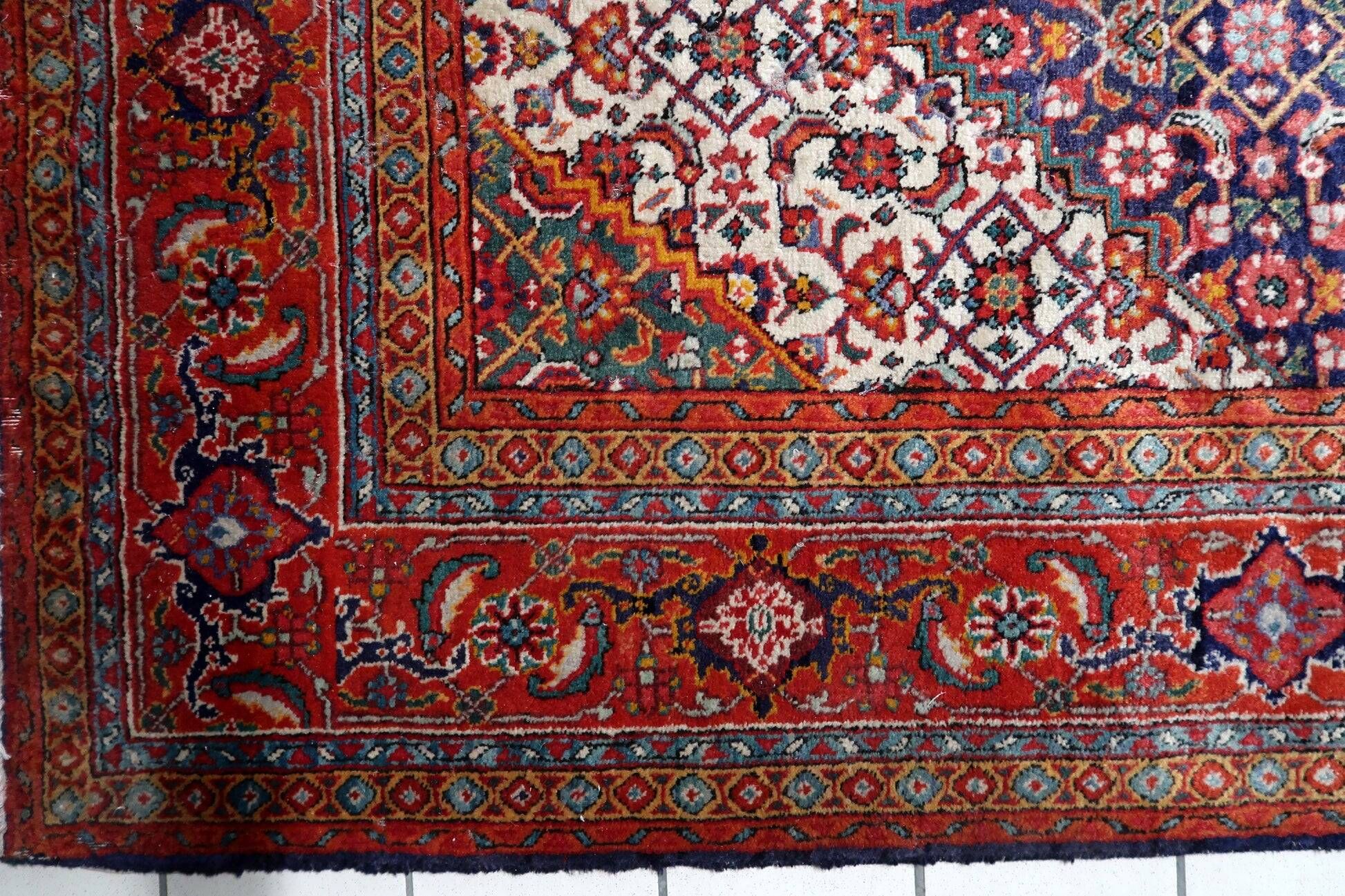 1940s vintage wool medallion rug, red and navy, 206 × 320 cm