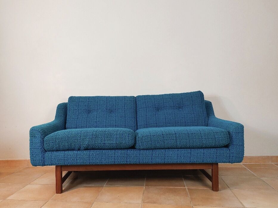 Norwegian living room set in blue fabric, vintage scandinavian 1960s