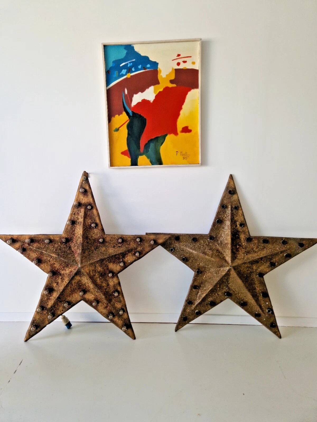 Pair of Vintage Industrial Marquee Star Wall Lights Distressed Gold Finish 1960s