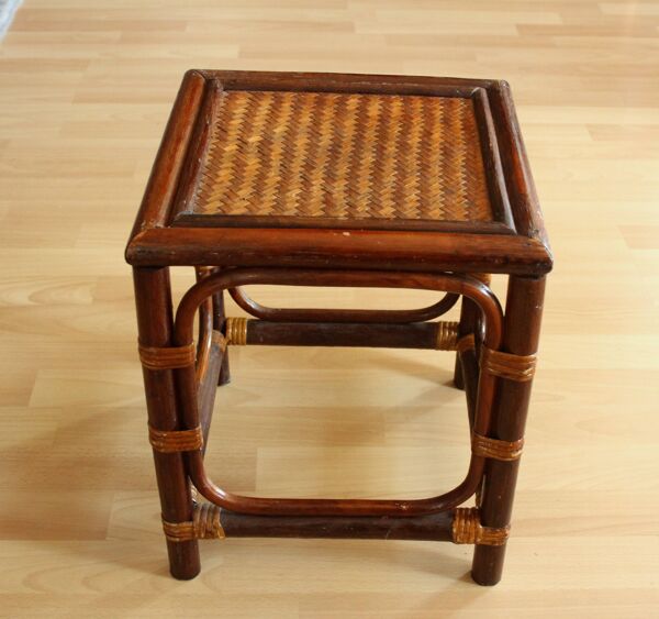 Petite table d'appoint en bambou, rotin et bois - support de plante - Vintage