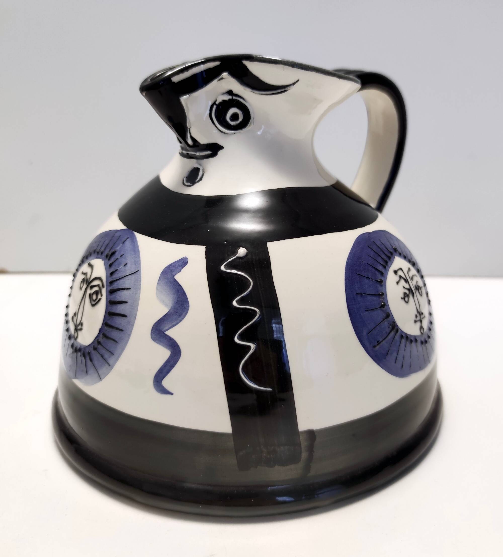 White, Black and Blue Hand-Painted Ceramic Jug / Vase