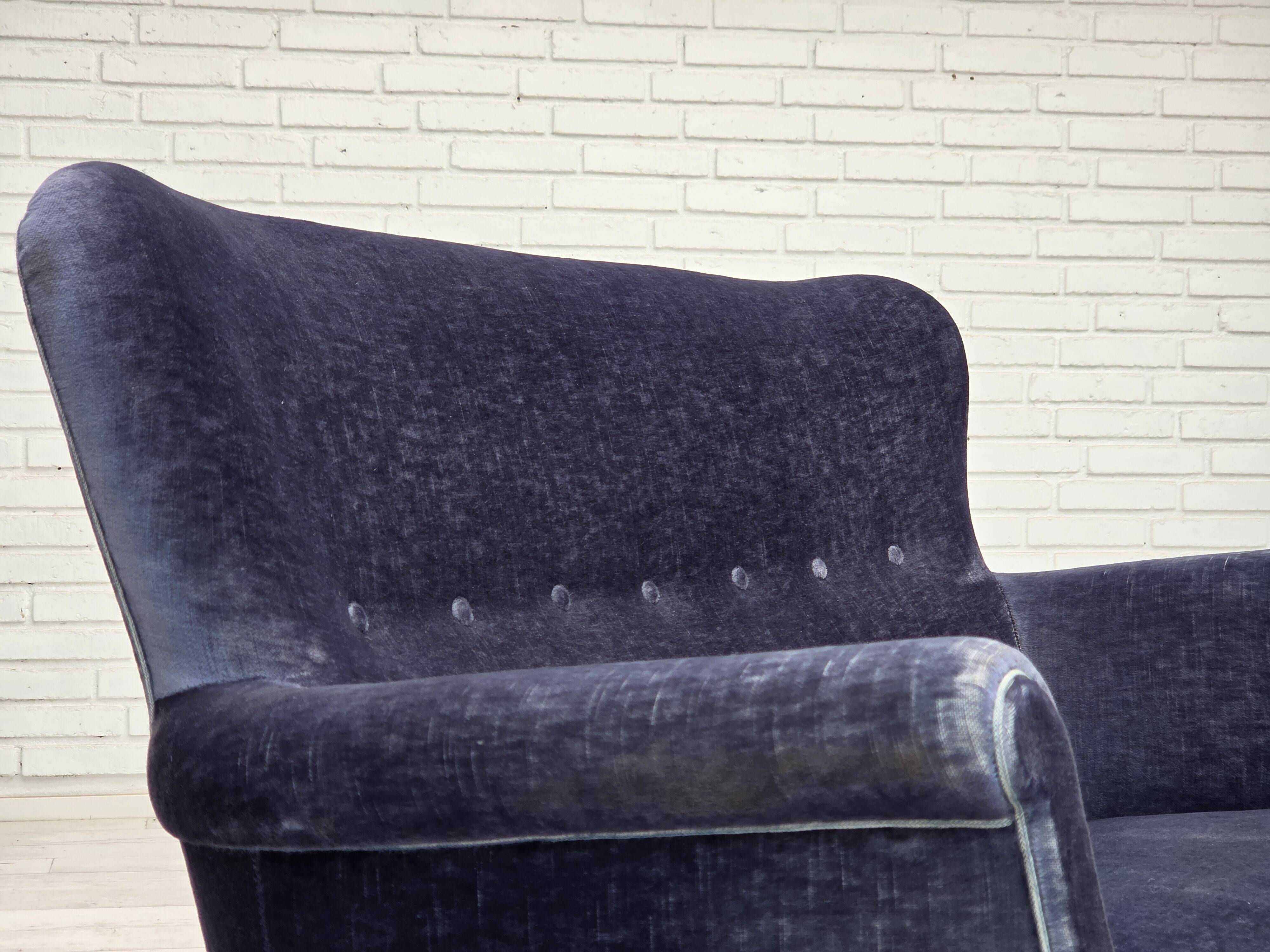1960s, Danish 2-seater sofa, original blue furniture velour, beech wood.