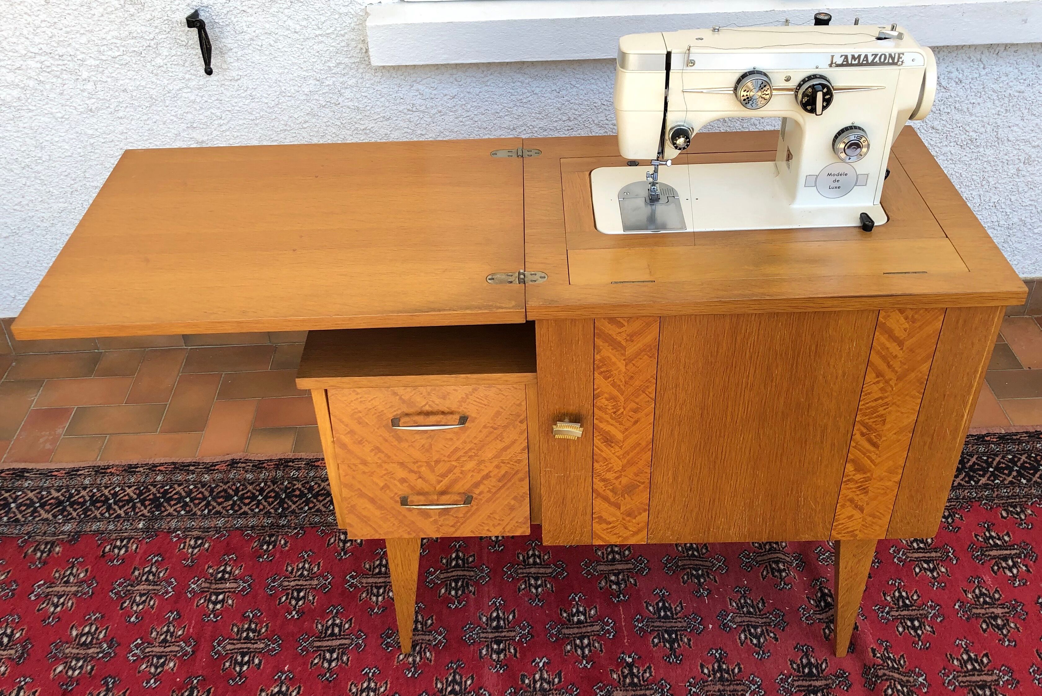 Vintage furniture with sewing machine light wood