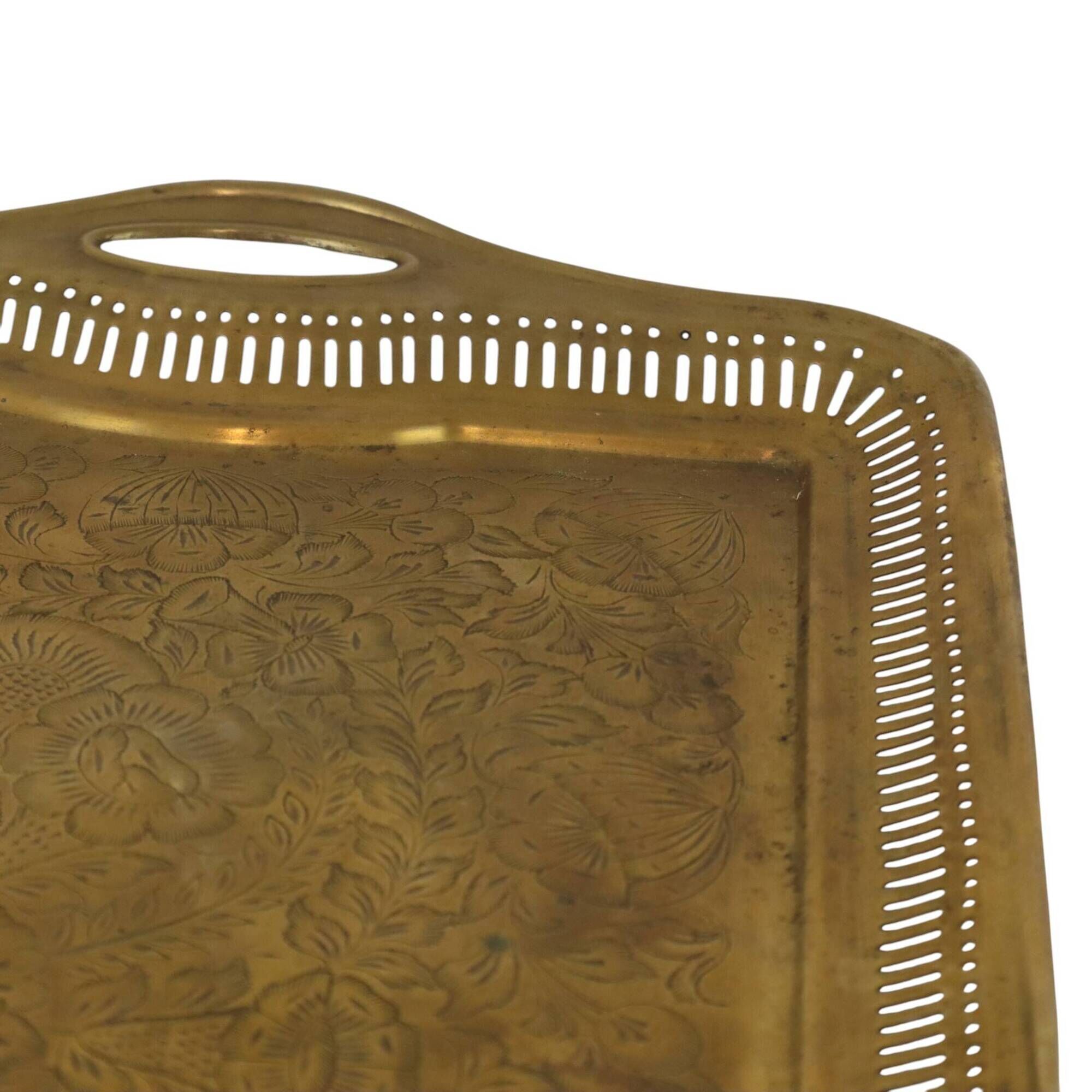 Vintage Oriental Brass Tray with Floral Decoration, 50 cm