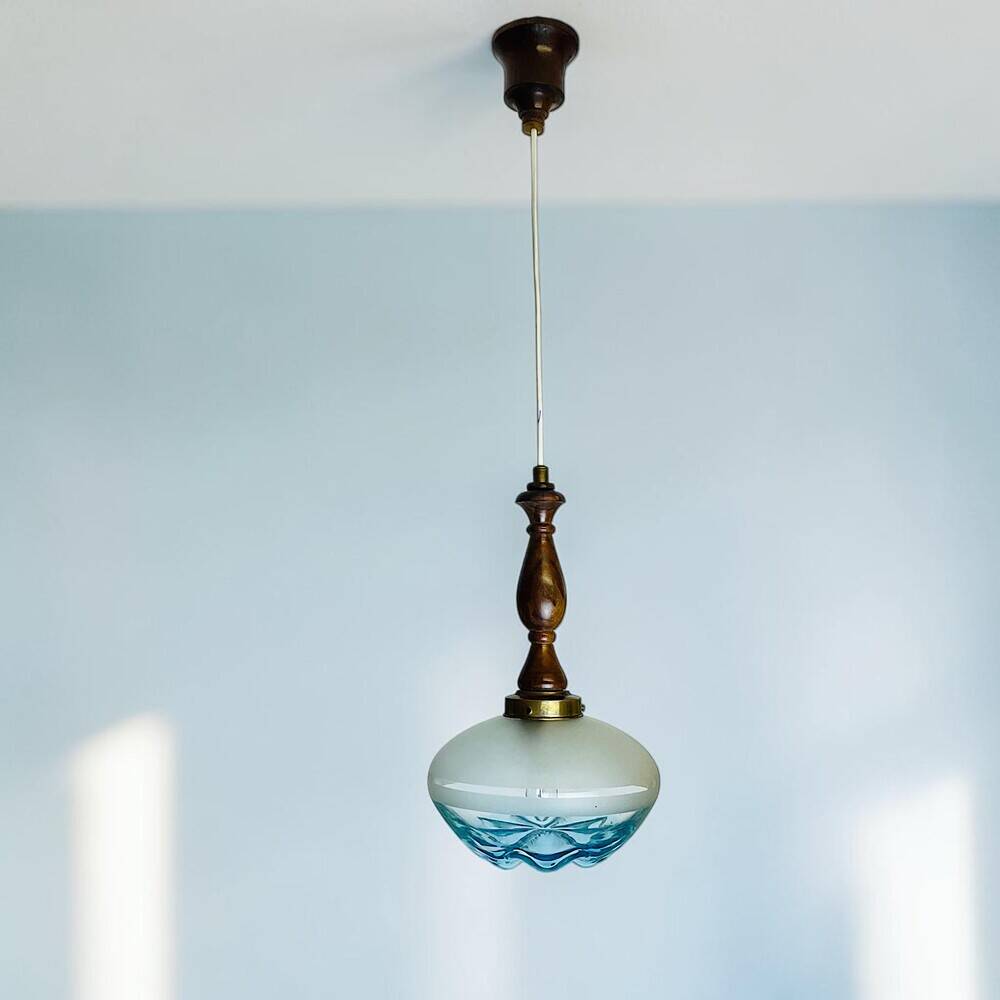 Vintage teak wood agua blue glass pendant lamp