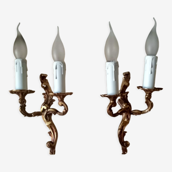 Pair small wall sconces Louis XV style gilded bronze with 2 movable branches