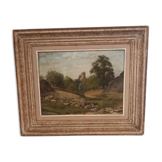 Old painting, oil on wood, rural landscape, small mountain, river and rocks