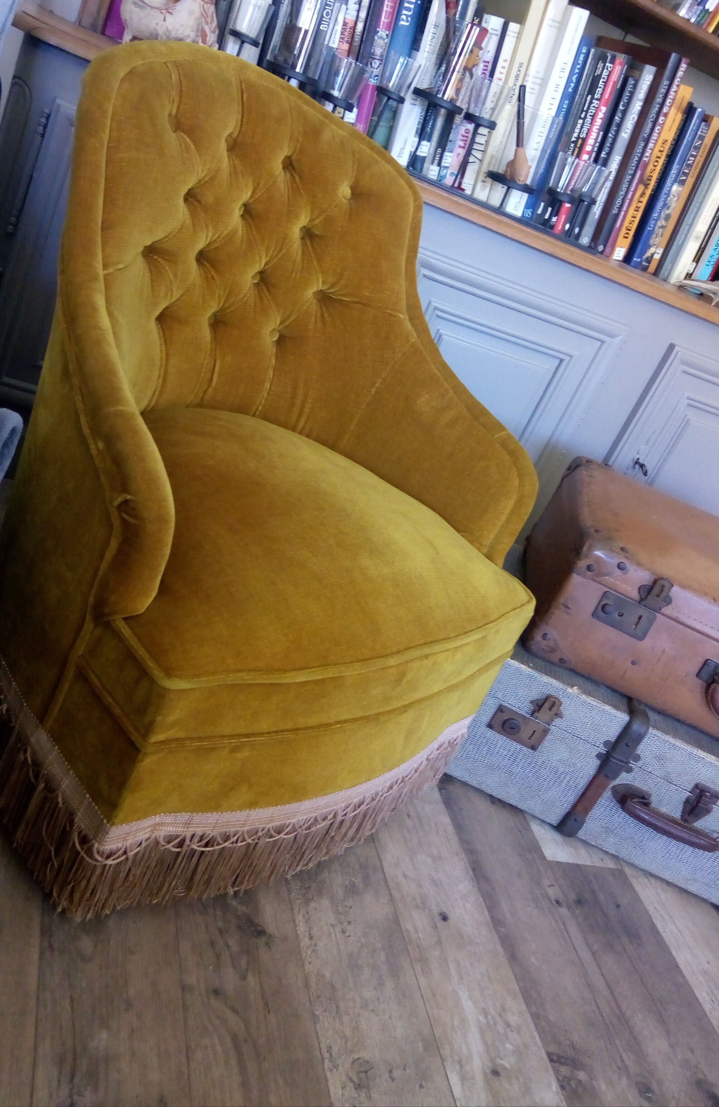 Mustard yellow velvet toad armchair