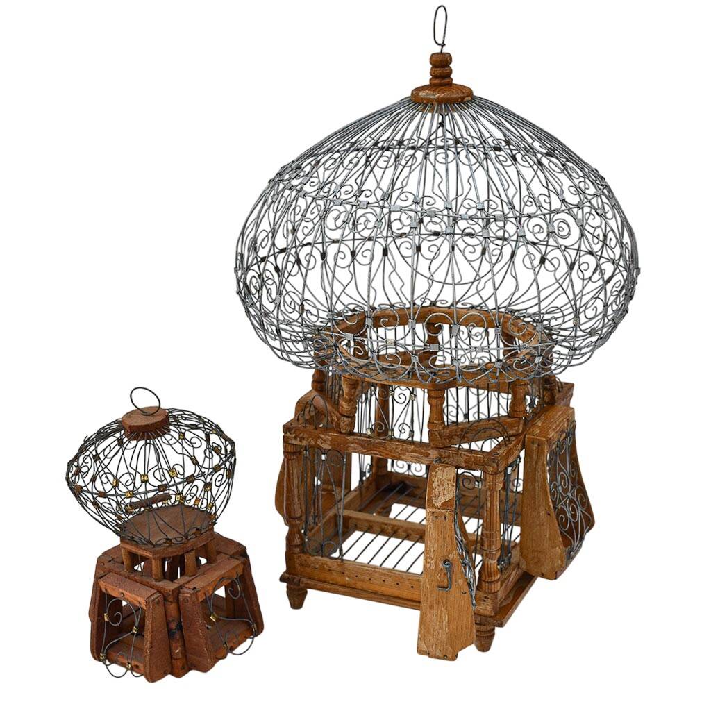 Antique Vintage Round Iron and Wood Decorative Bird Cages