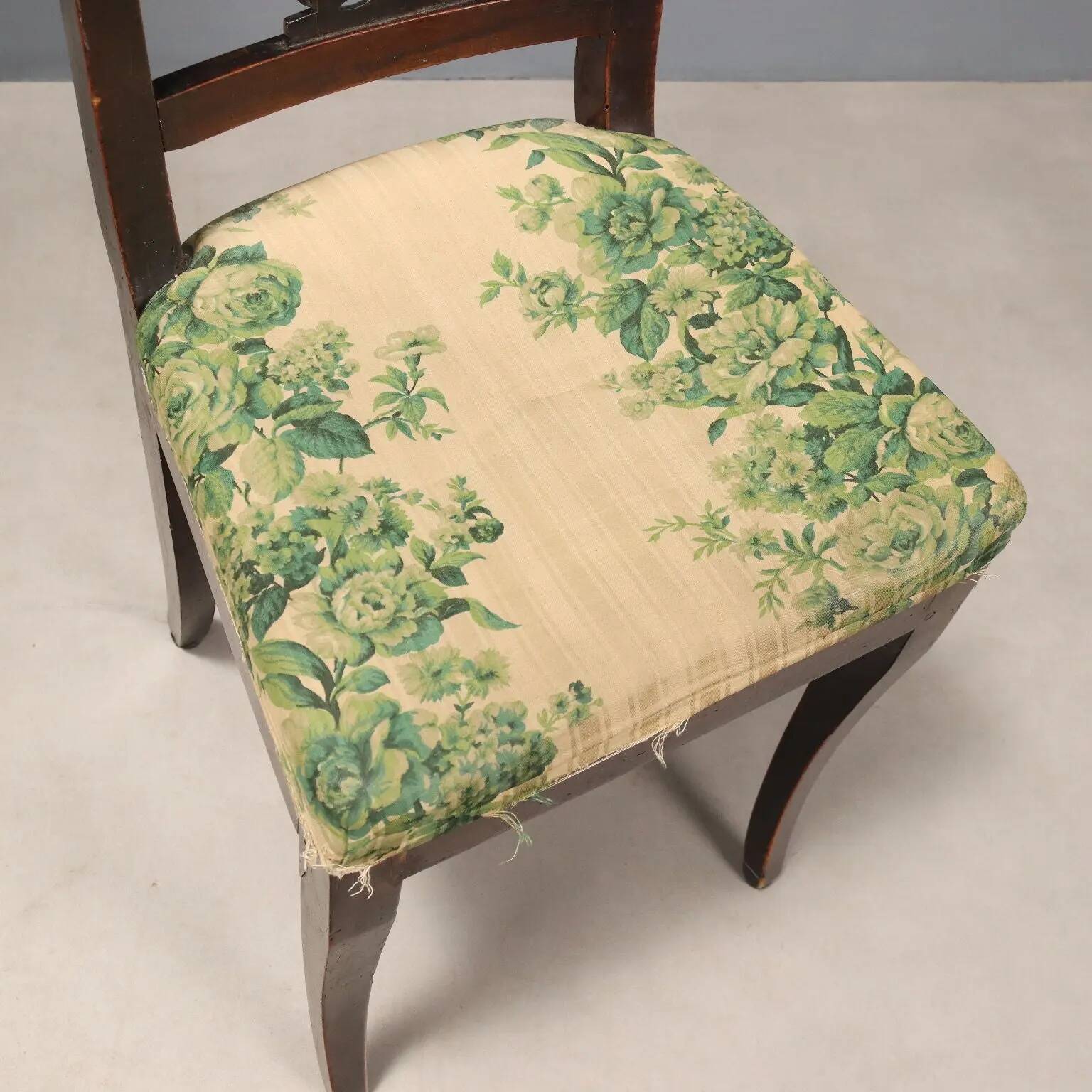 Pair of antique Directoire chairs in walnut and fabric, Italy, 19th century.