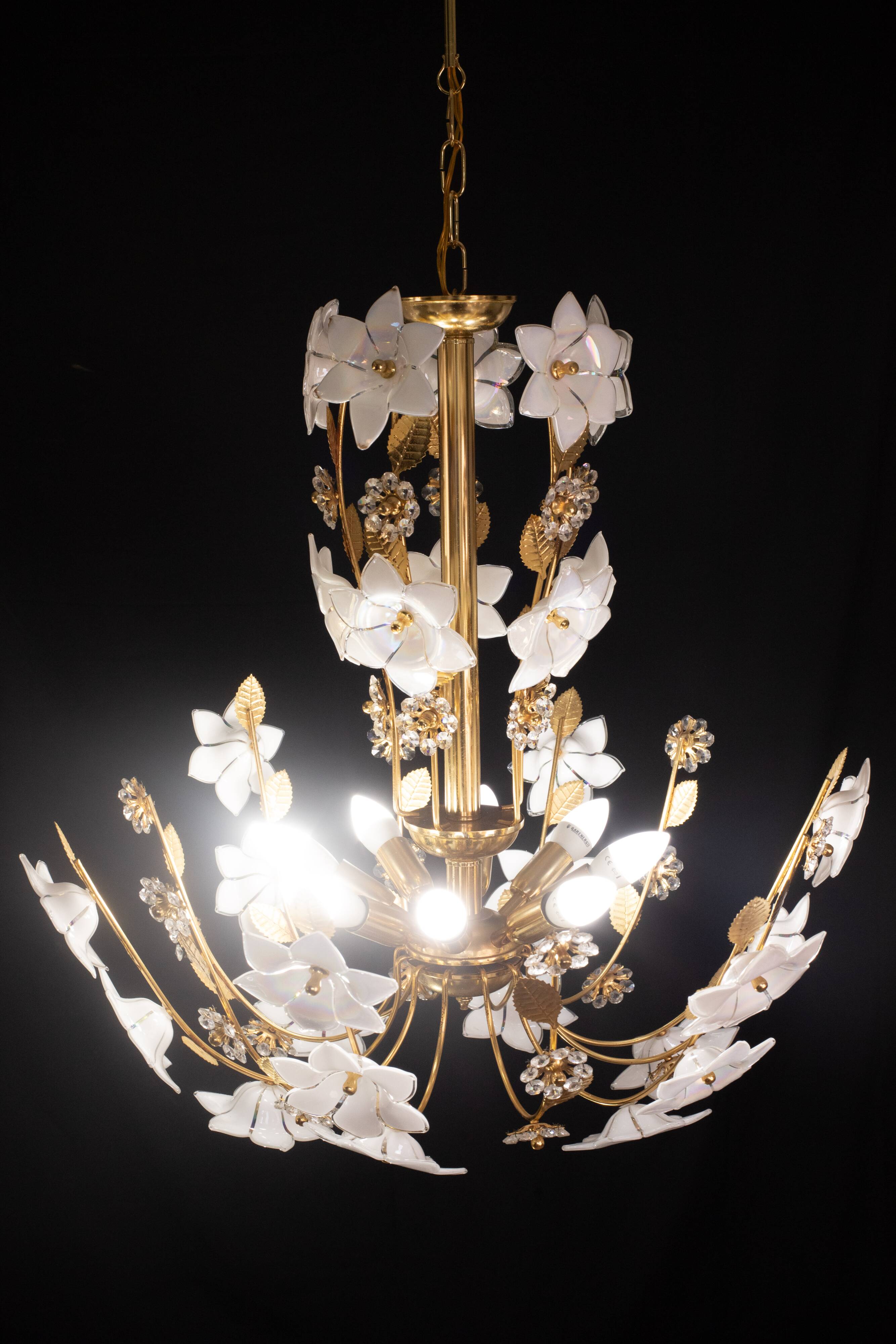 Large Size Vintage Murano Glass Chandelier White Flowers, 1970