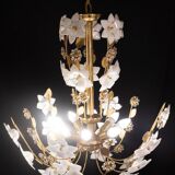 Large Size Vintage Murano Glass Chandelier White Flowers, 1970