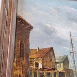 Peinture sur toile peinte à l'huile originale signée scènes de bateaux et de port du début du 20ème