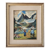 Oil painting on panel of a mountain landscape with figures, signed Prélaz.