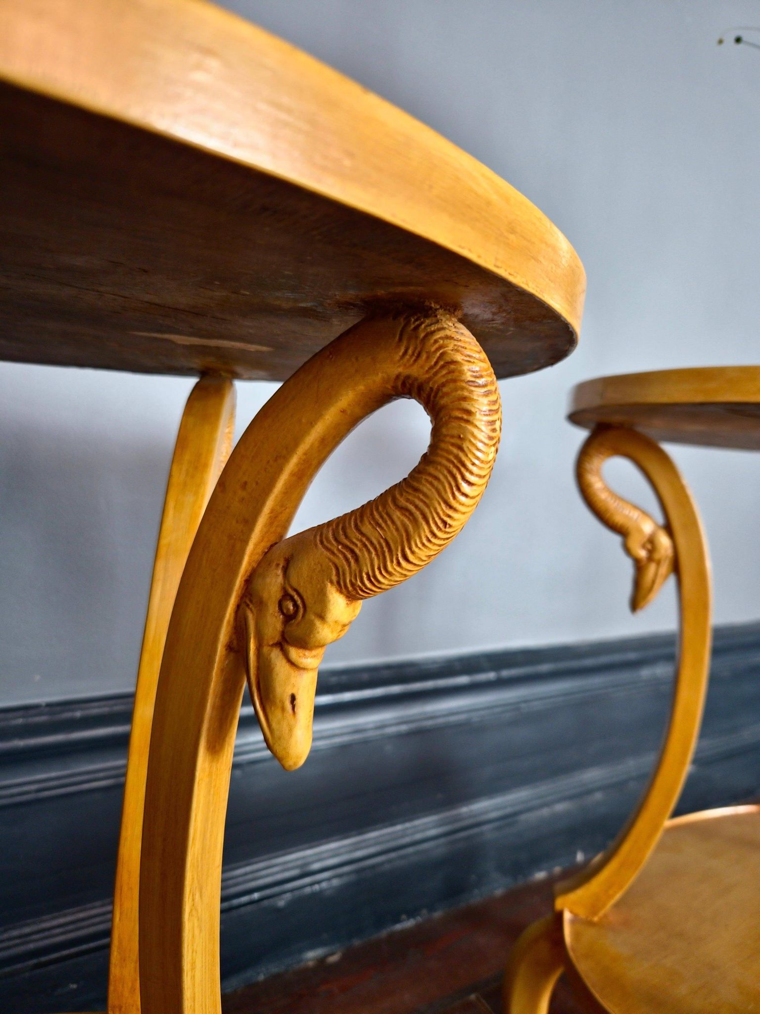 Pair of side tables decorated with swans. Empire style, Italy mid-1900s.