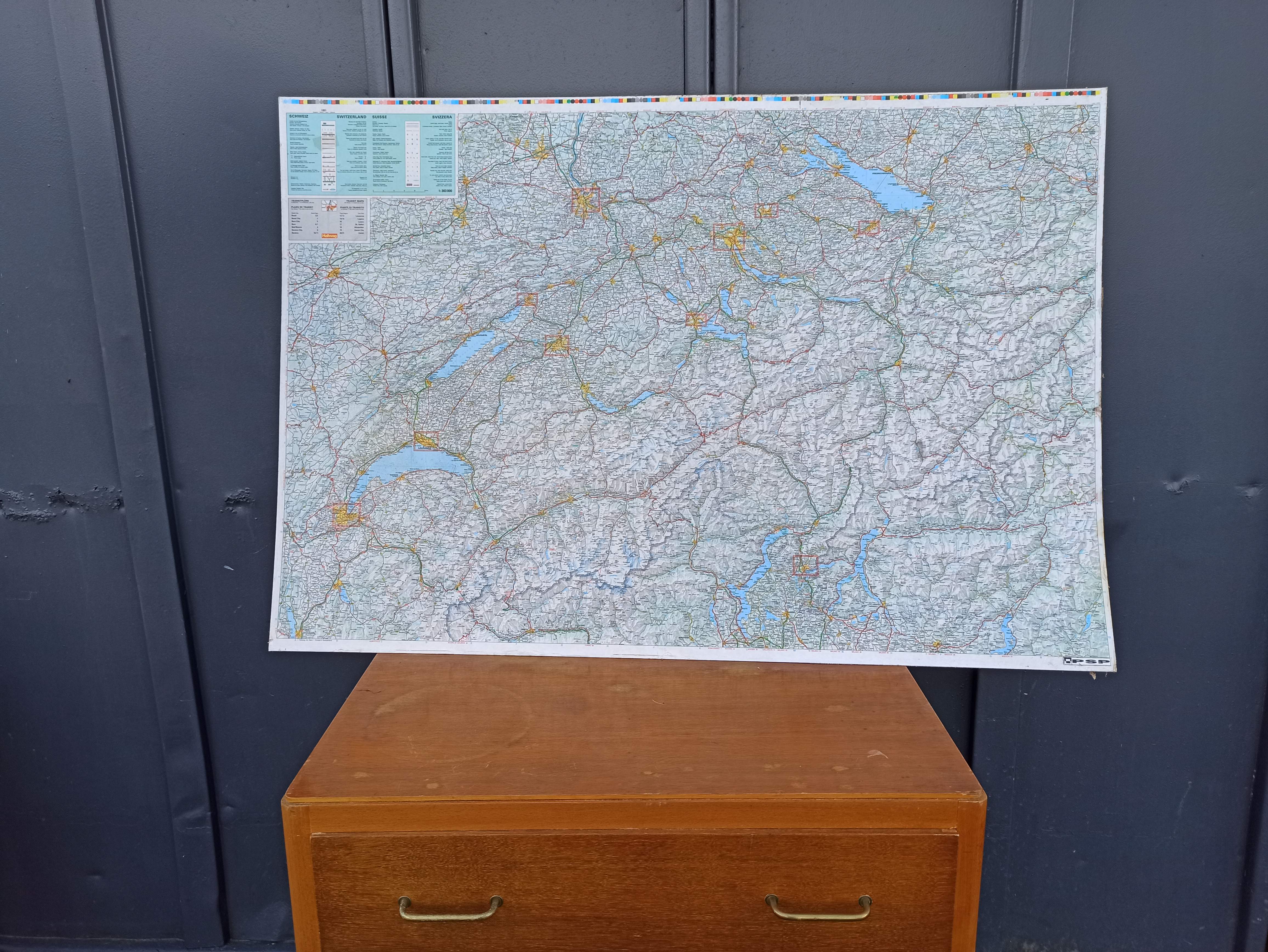 Very large Swiss road map on tole - 126 x 86.5 cm