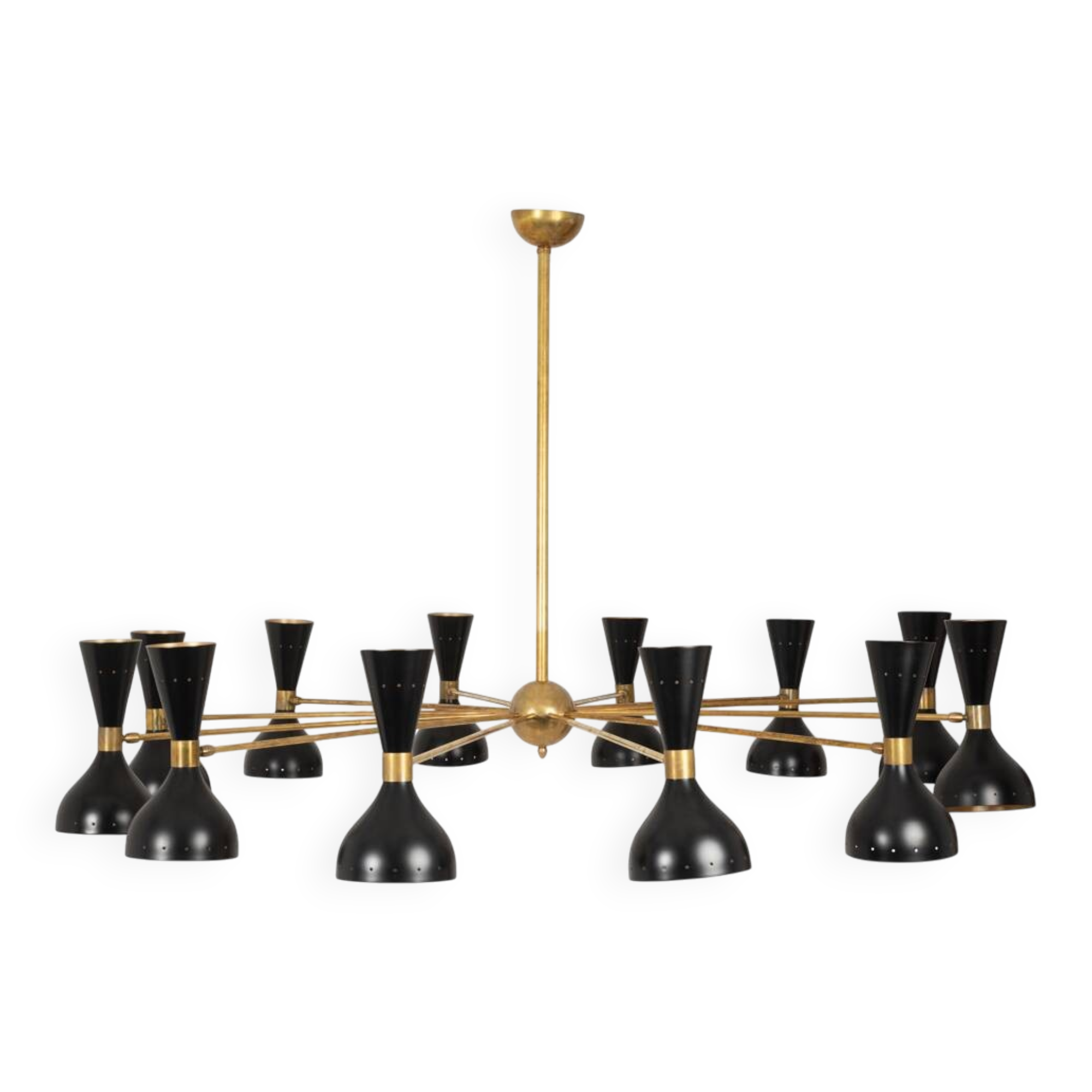 Diabolo chandelier in patinated and black lacquered brass. Contemporary.