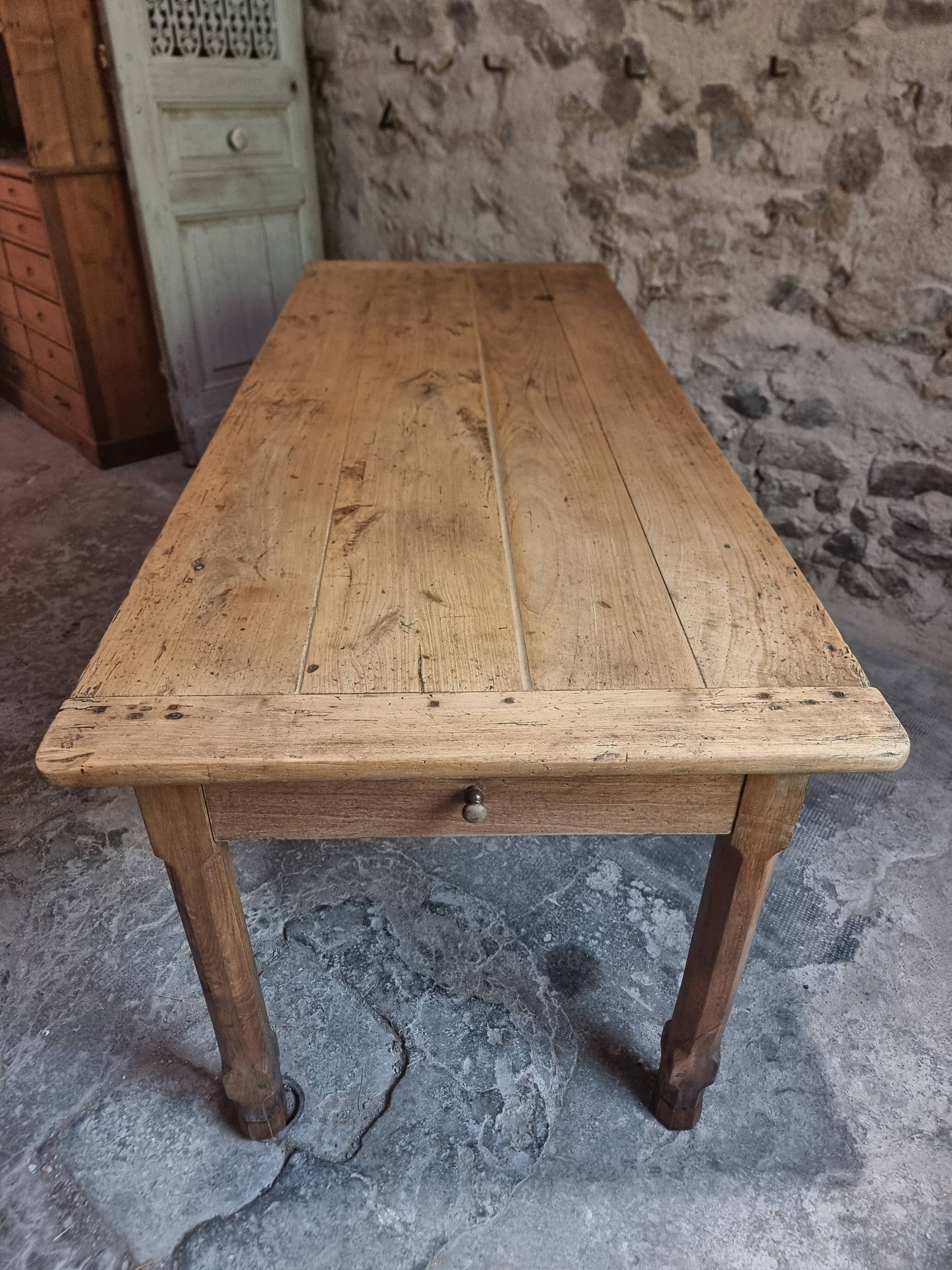 Old farmhouse dining table, rustic kitchen, poplar top, chestnut base, two drawers, 1800–1850.